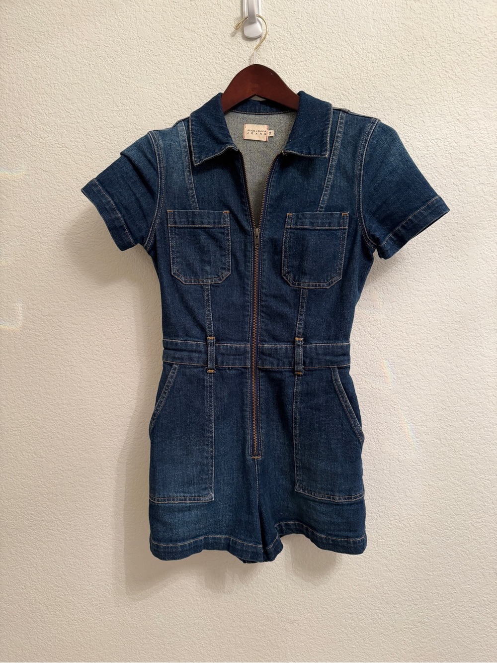 Alice + Olivia Dark Blue Denim Short-Sleeve Romper
